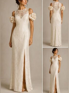 Betsy & Adam ivory lace gown puff sleeves excellent Size S